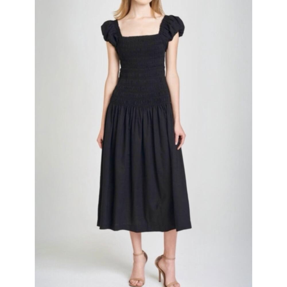Caroline Constas Cotton Poplin Smocked Shirred Puff Sleeve Midi Dress Sz XS NWT